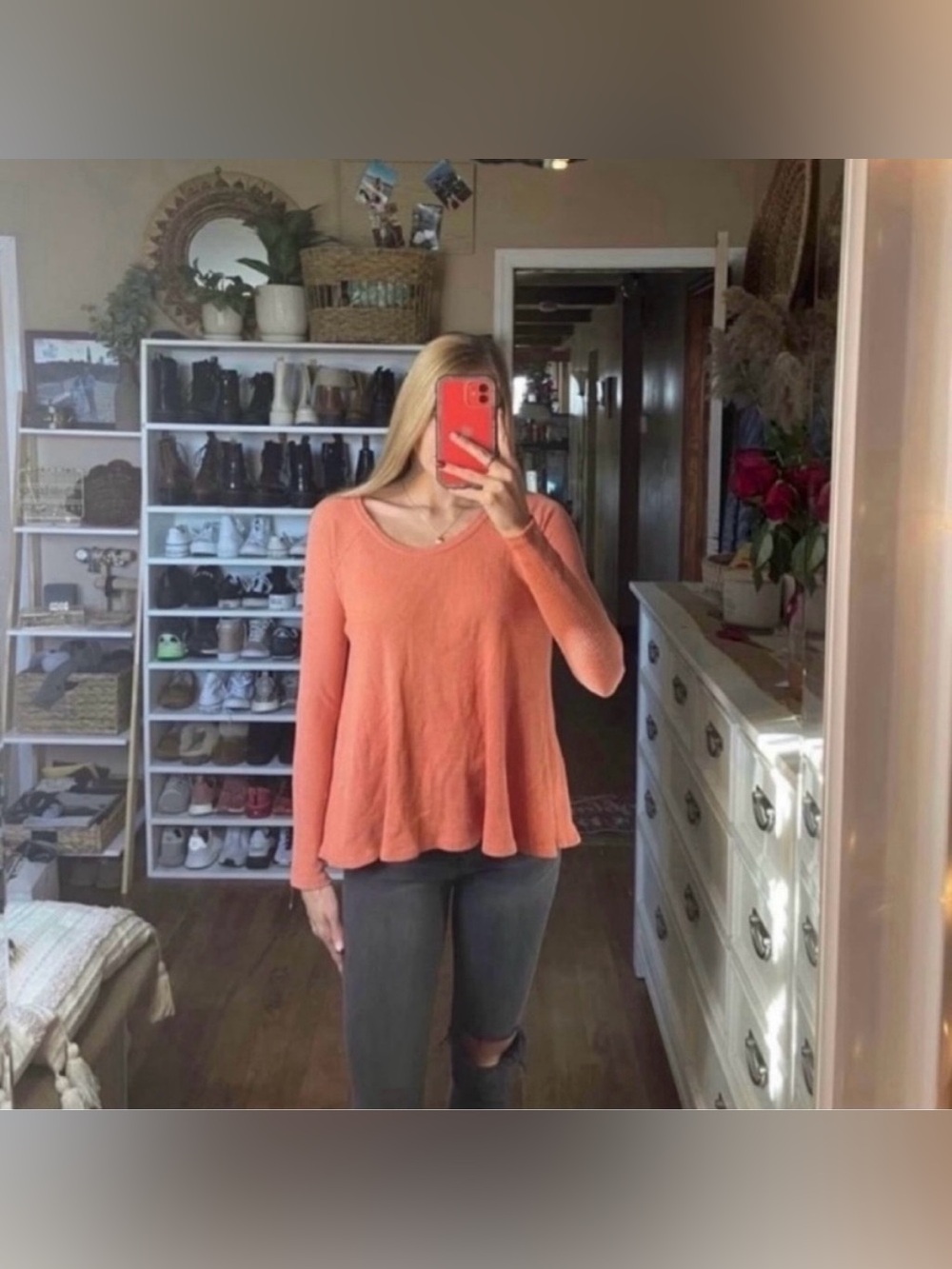 Free People waffle knot long sleeve coral waffle knit up in a size small